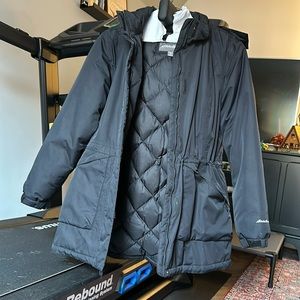 Eddie Bauer Down Parka, Removable Hood, Adjustable Waist, Black, Size L
